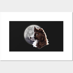 Brindle Border Collie with Night Sky Full Moon Posters and Art